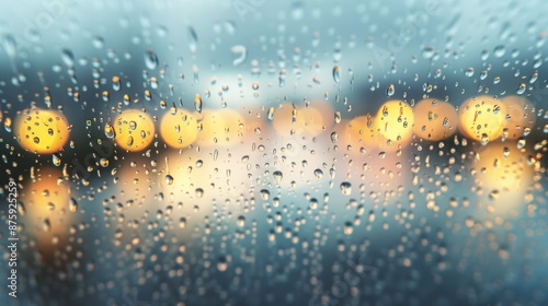 Raindrops on a window pane, blurring the view of traffic lights in the distance.