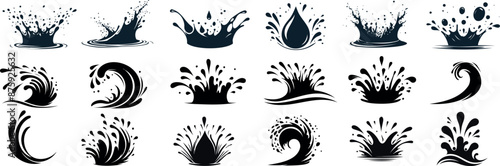 Dynamic water splash vector illustrations in various shapes and sizes