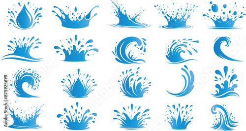 Water splash vector set, 20 designs of blue splash icons, wave graphics, liquid clipart, ocean elements, aquatic illustrations, wave patterns, fluid effects, clean design, dynamic visuals.