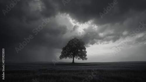 A dramatic black-and-white image of a lone tree standing in the middle of a vast, open field under a stormy sky, emphasizing solitude and the raw beauty of nature