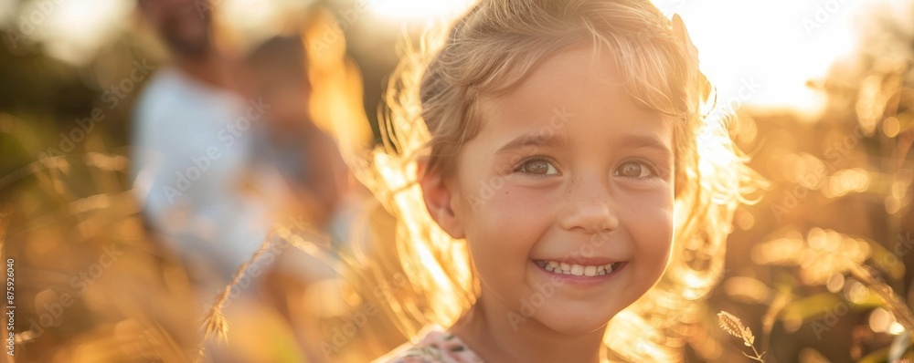 A young girl with blonde hair smiles brightly in a field of golden light. A young girl with blonde hair smiles brightly in a field of golden light.