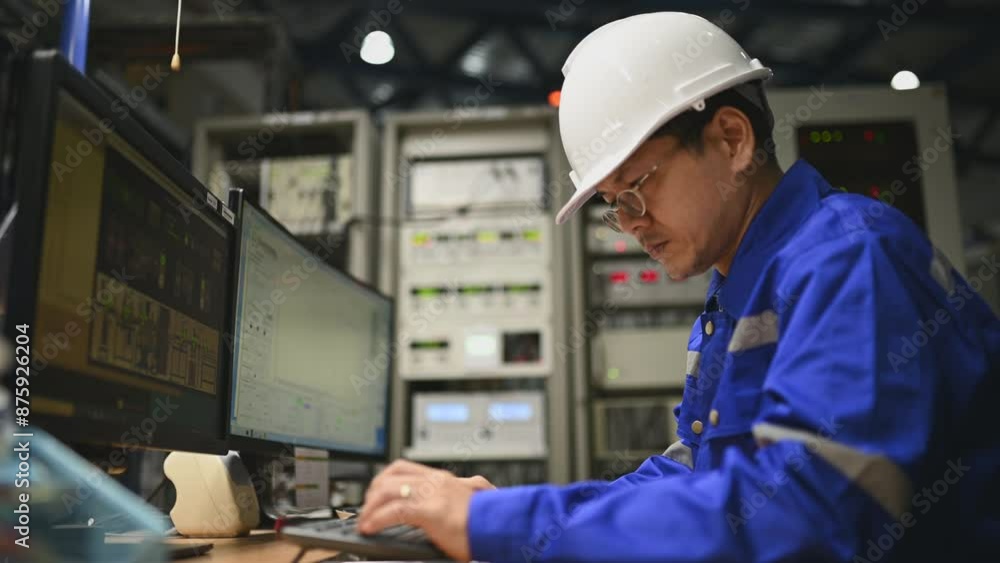 Engineer working at control room,Manager control system,Technician man monitoring program from a lot of monitor Engineer working at control room,Manager control system,Technician man monitoring program from a lot of monitor