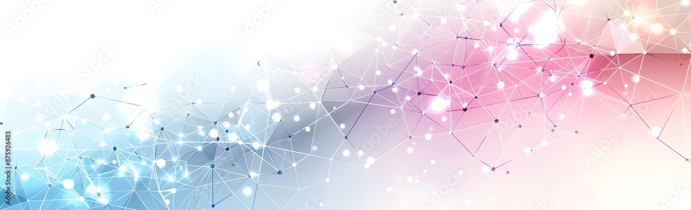 Obraz premium Vector banner design featuring polygonal shapes and connected dots on a white background, with copy space for text in the center of a geometric pattern. The color scheme includes shades of blue, pink,