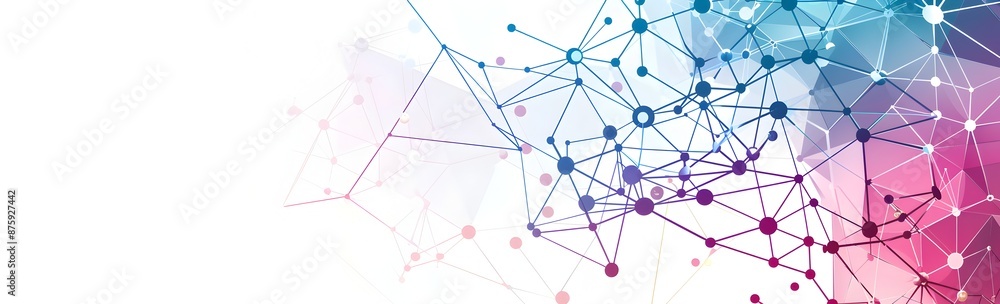 Vector banner design featuring polygonal shapes and connected dots on a white background, with copy space for text in the center of a geometric pattern. The color scheme includes shades of blue, pink, Vector banner design featuring polygonal shapes and connected dots on a white background, with copy space for text in the center of a geometric pattern. The color scheme includes shades of blue, pink,