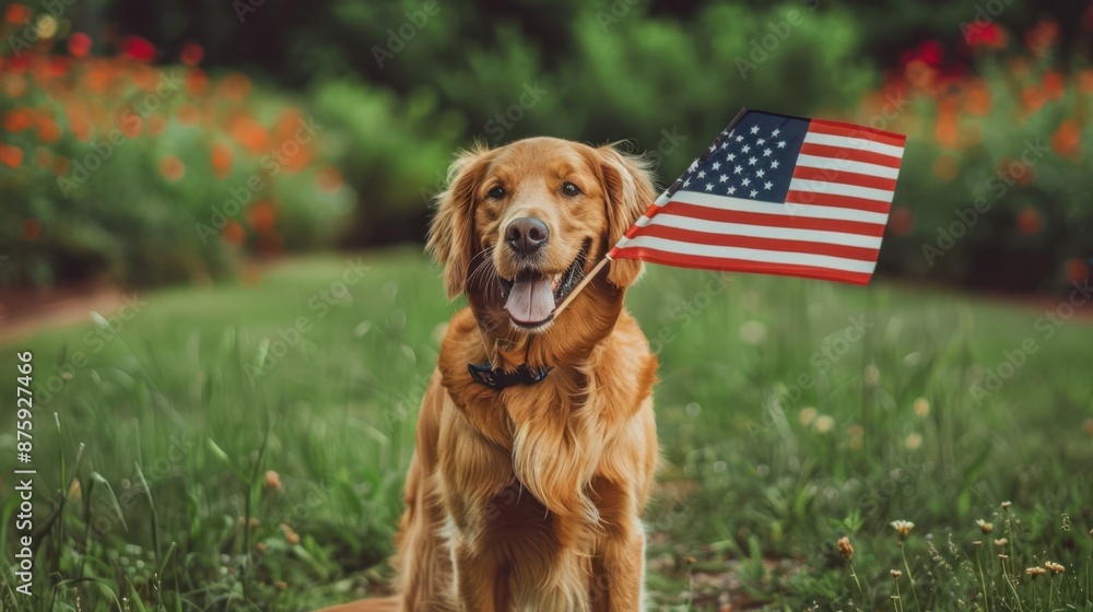 dog holding American flag