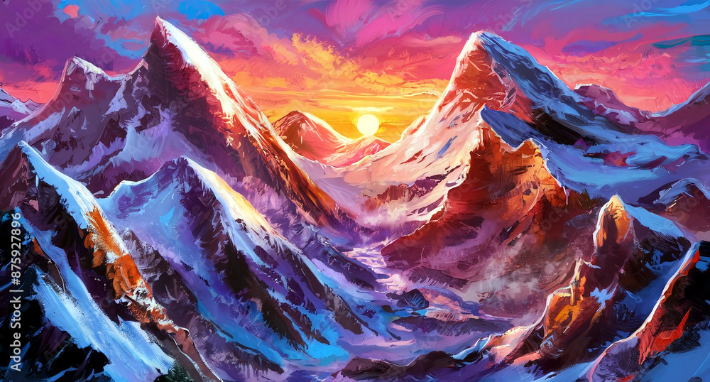 Obraz premium A breathtaking photograph of towering snowy mountain peaks under a dramatic sky, capturing the serene and majestic beauty of a winter landscape. 