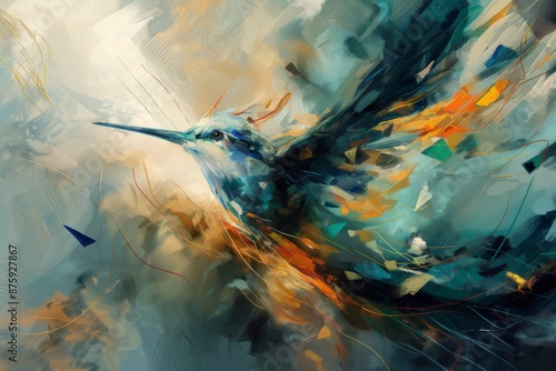 Bird avian vibrant and dynamic abstract artwork of an animal feature a harmonious blend of bold colors such as blues, greens, and touches of gold, with fluid, sweeping lines and geometric shapes
