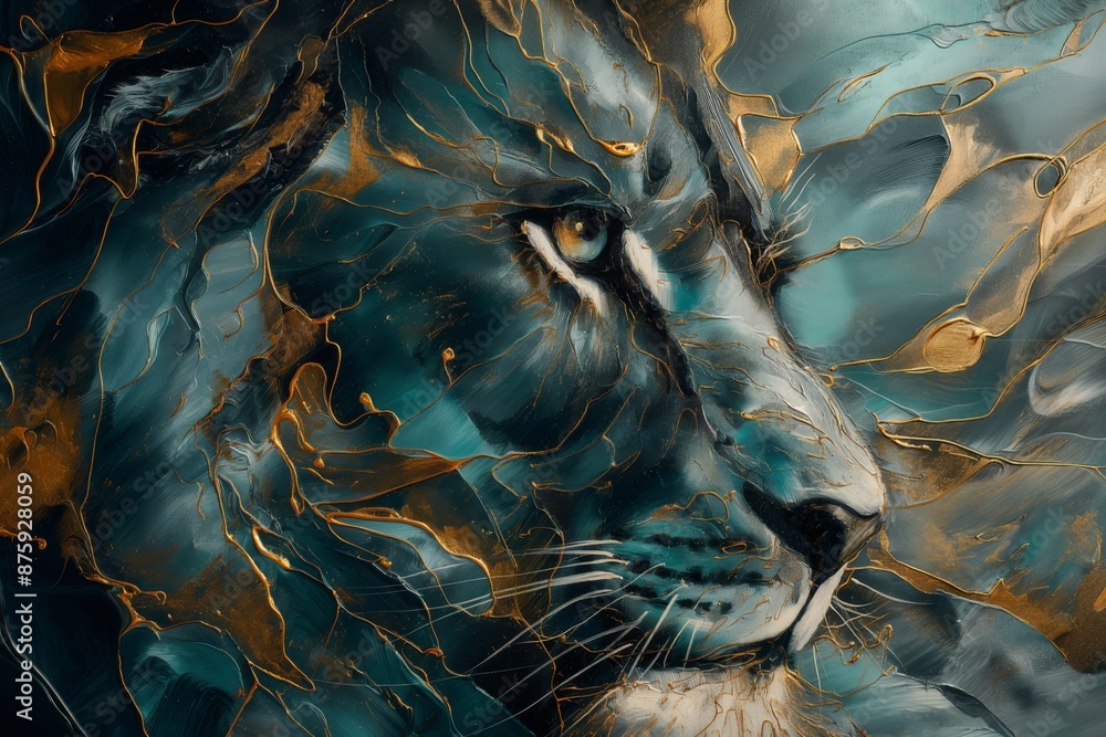 Lion animal vibrant and dynamic abstract artwork of an animal feature a harmonious blend of bold colors such as blues, greens, and touches of gold, with fluid, sweeping lines and geometric shapes Lion animal vibrant and dynamic abstract artwork of an animal feature a harmonious blend of bold colors such as blues, greens, and touches of gold, with fluid, sweeping lines and geometric shapes