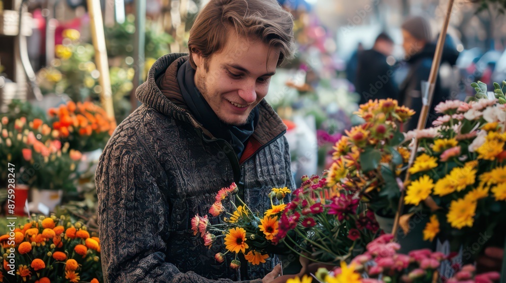 Young man buying plants at flower shop on the street.