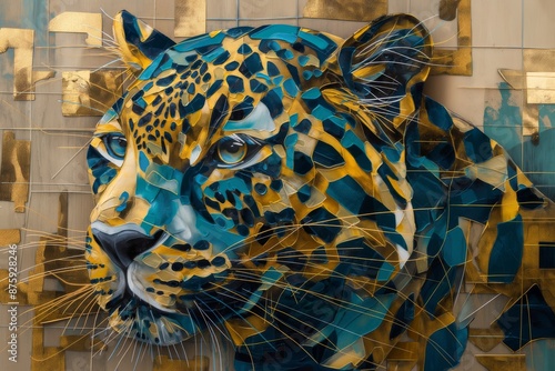 Fototapeta Naklejka Na Ścianę i Meble -  Leopard cat vibrant and dynamic abstract artwork of an animal feature a harmonious blend of bold colors such as blues, greens, and touches of gold, with fluid, sweeping lines and geometric shapes