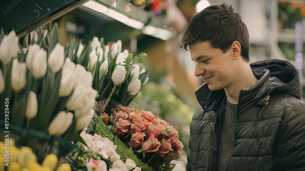 Young man buying plants at flower shop on the street.