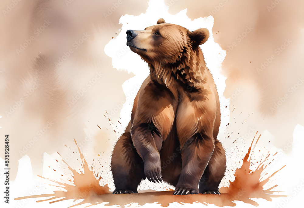 Watercolor painting of a lone brown bear in a powerful pose, standing ...