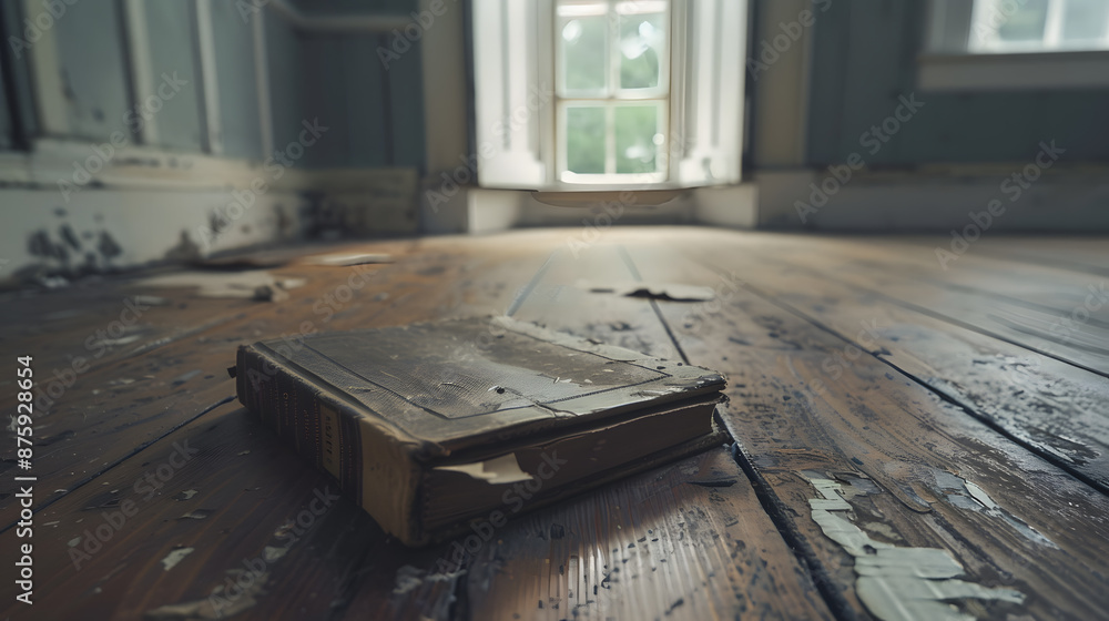 A book is laying on the floor in a room with a window A book is laying on the floor in a room with a window