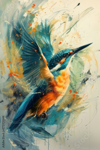 kingfisher bird beautiful vibrant and dynamic abstract artwork of an animal feature a harmonious blend of bold colors such as blues, greens, and touches of gold, with fluid, sweeping lines photo