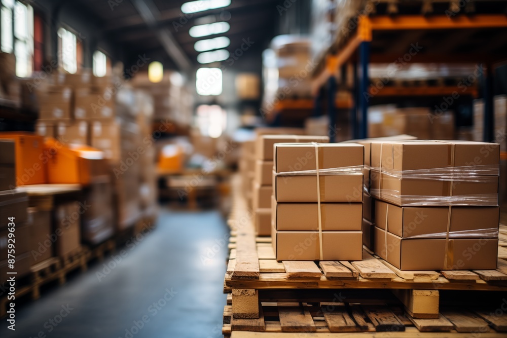 Industrial warehouse with shelves and boxes.
Industrial warehouse with shelves and boxes.