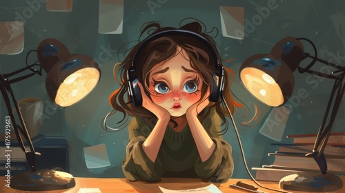 Overwhelmed Young Student with Messy Hair and Headphones