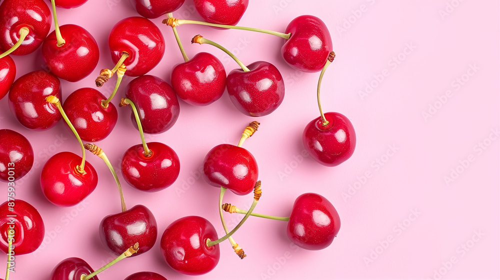 Vivid Colorful Cherries on Pink Background. Fresh Red Fruits Vibrant Image Vivid Colorful Cherries on Pink Background. Fresh Red Fruits Vibrant Image