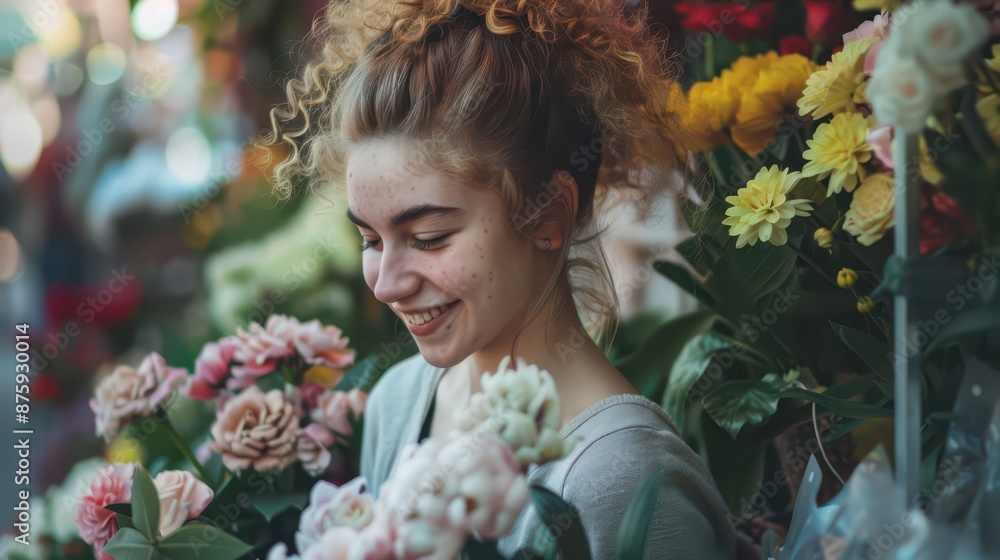 Beautiful girl buying flowers in flower shop