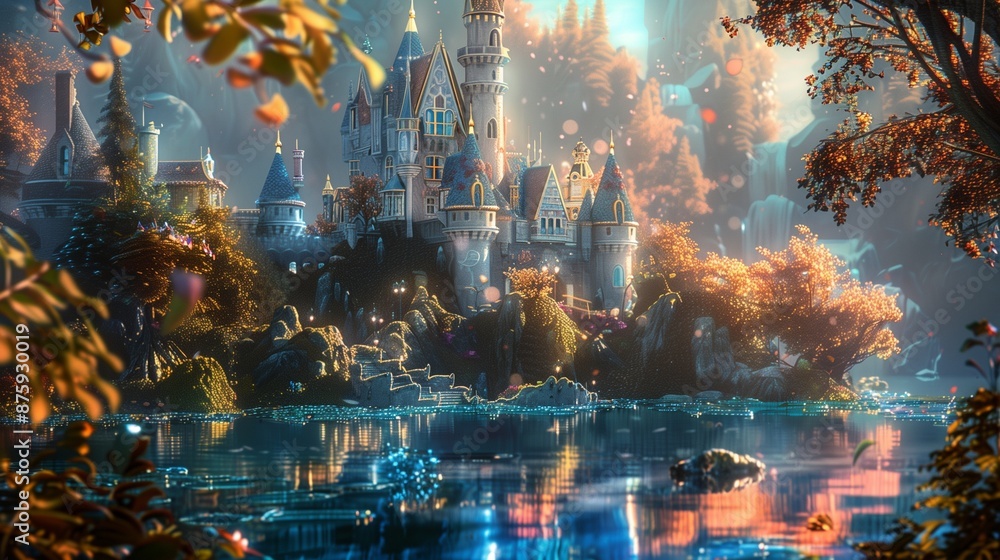 Fototapeta premium A charming painting of a whimsical fairy tale castle on the surface of glass, with intricate details and vibrant colors.