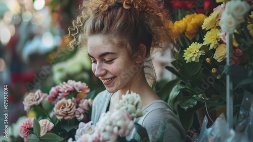 Obraz na płótnie Beautiful girl buying flowers in flower shop w salonie
