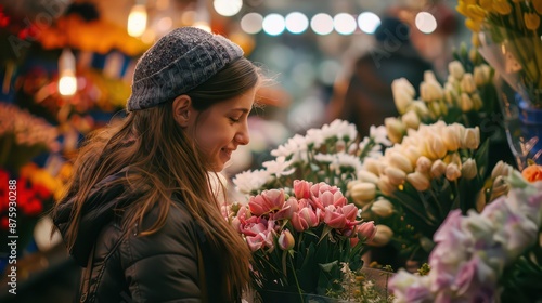 Beautiful girl buying flowers in flower shop