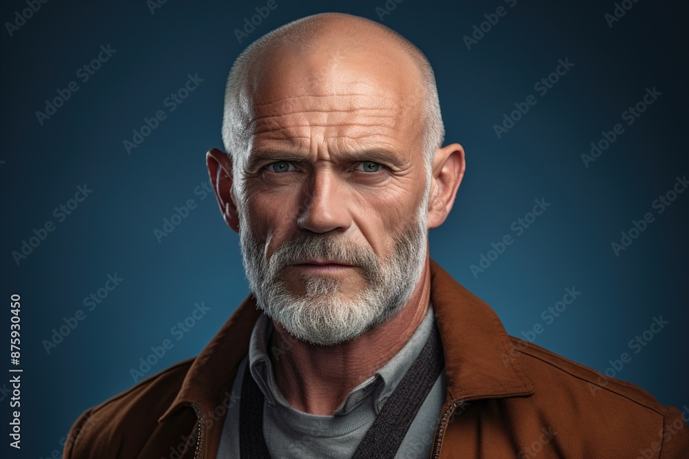 Fototapeta premium A man with a beard and gray hair is wearing a brown jacket and a gray shirt