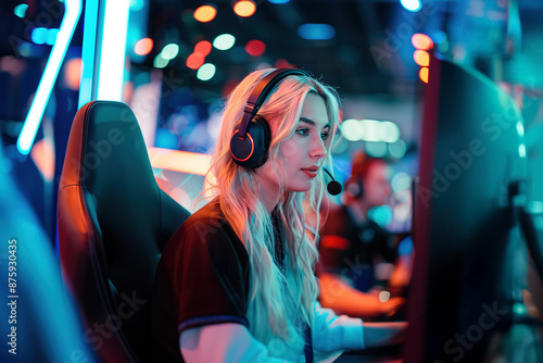 Professional female gamer wearing a headset focuses intensely during an esports match, surrounded by vibrant neon lights and teammates. A girl at a team cybersports competition photo