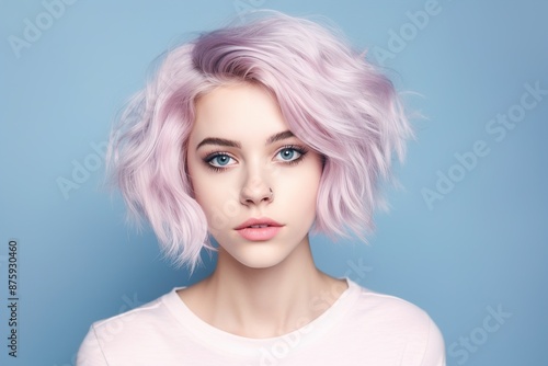 A woman with pink hair and blue eyes is standing in front of a blue background