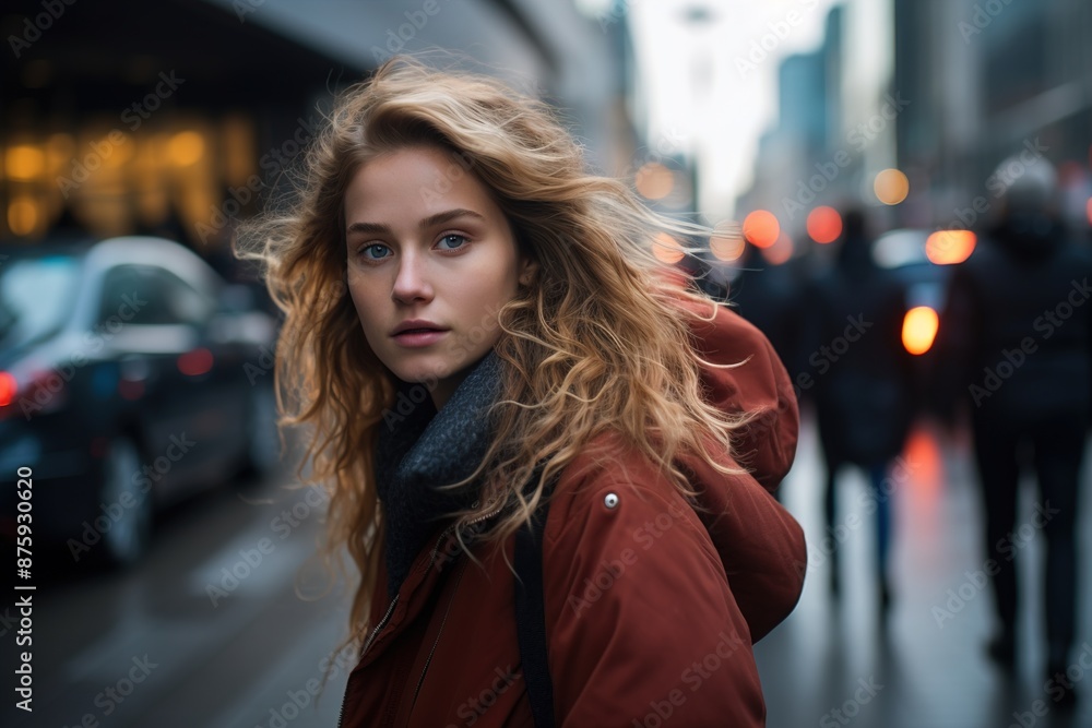 Fototapeta premium A woman with long blonde hair is standing on a city street