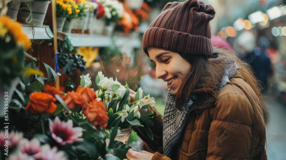 Beautiful girl buying flowers in flower shop
