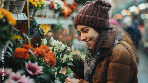 Obraz na płótnie Beautiful girl buying flowers in flower shop w salonie