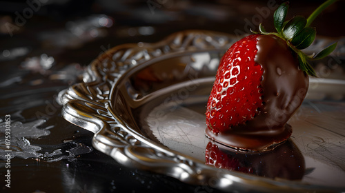 A chocolate covered strawberry sits on a silver plate