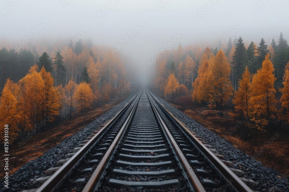 Fototapeta premium A misty autumn morning with train tracks leading into a dense forest of golden leaves.