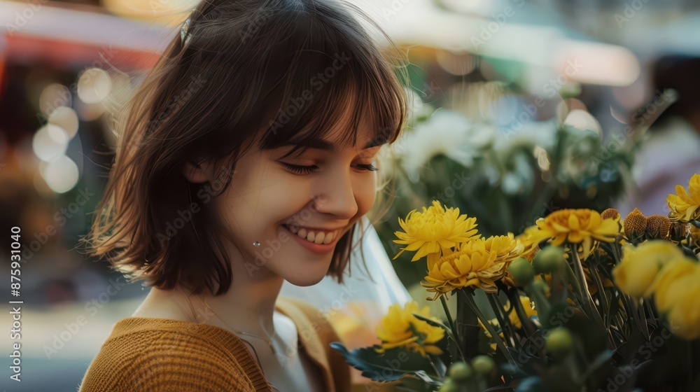Beautiful girl buying flowers in flower shop