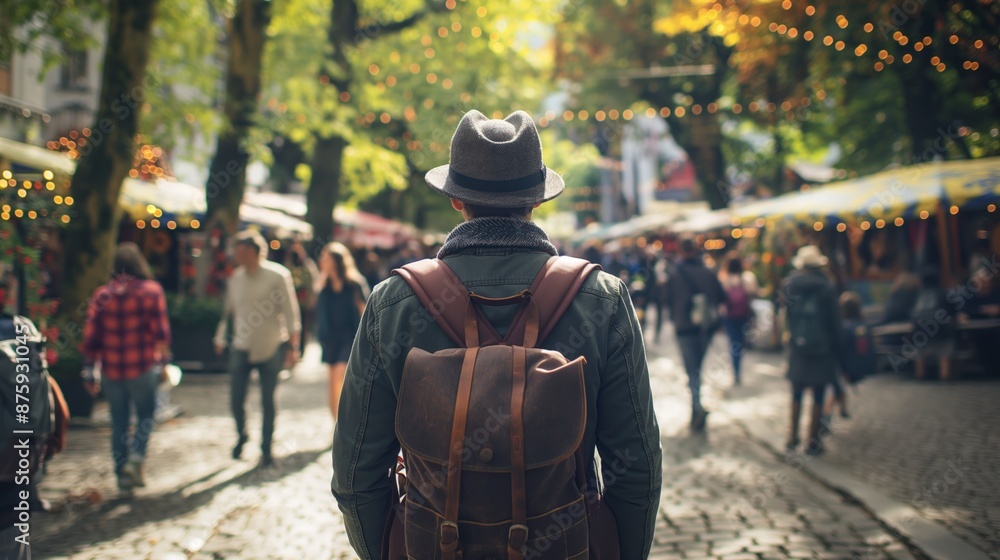 A man wearing a hat and a backpack walks through a crowd of people at Oktoberfest A man wearing a hat and a backpack walks through a crowd of people at Oktoberfest