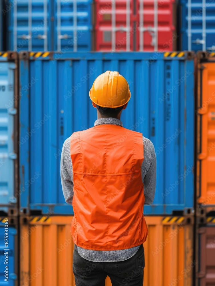 A worker in a safety vest and hard hat stands in front of a wall of shipping containers. A worker in a safety vest and hard hat stands in front of a wall of shipping containers.