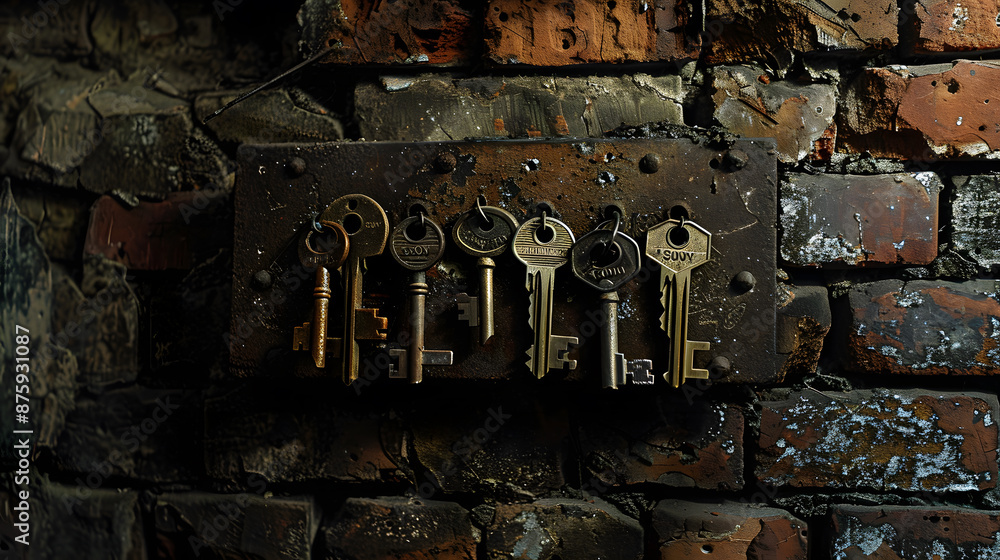 Three keys hanging from a brick wall Three keys hanging from a brick wall