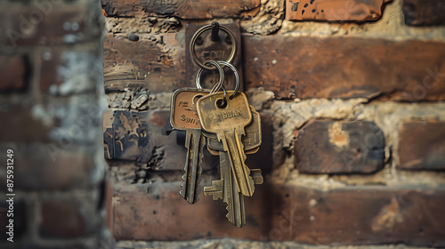 Three keys hanging from a brick wall