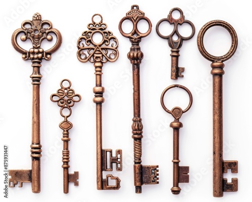 Vintage Keys. Antique Collection of Ornate Aged Bronze Keys on White Background © Alona