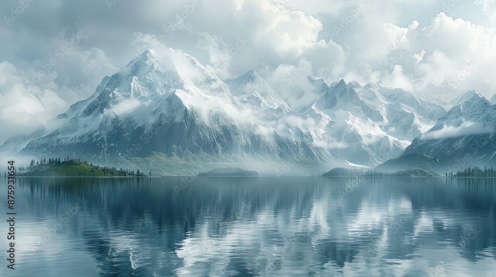 Tranquil lake reflecting towering mountains Tranquil lake reflecting towering mountains