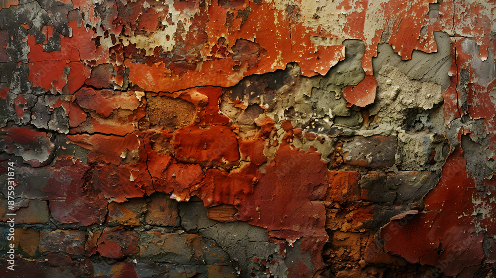 Obraz premium A wall with a red and white paint job that is peeling and has a lot of cracks