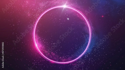 Neon round frame with space portal and sparkle stars on abstract background