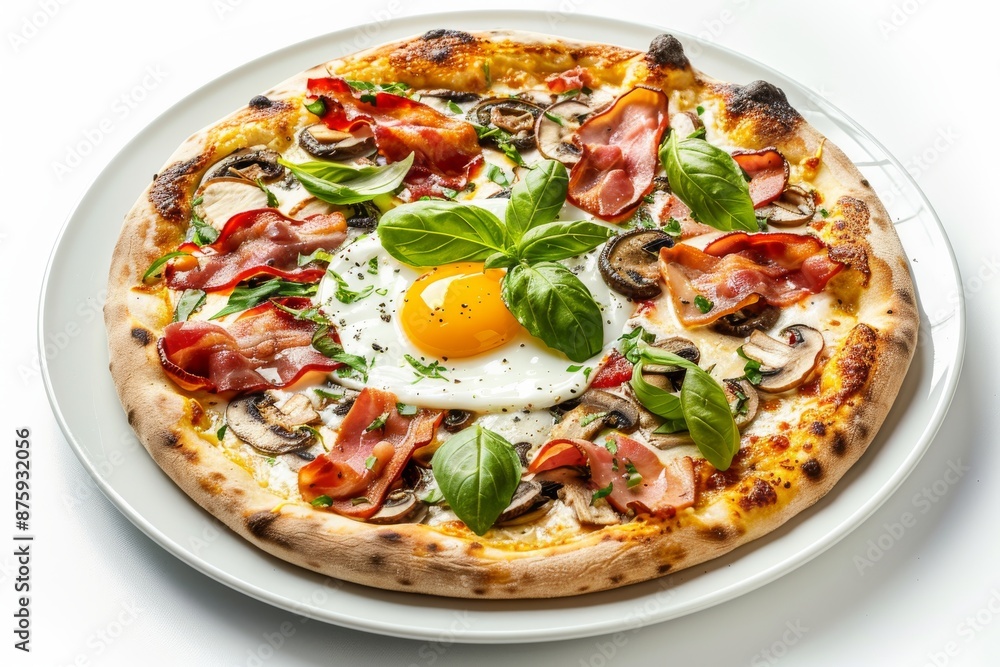 Pizza with Mushrooms, Bacon and Egg on White Plate Isolated, Italian Carbonara Pizza Pizza with Mushrooms, Bacon and Egg on White Plate Isolated, Italian Carbonara Pizza