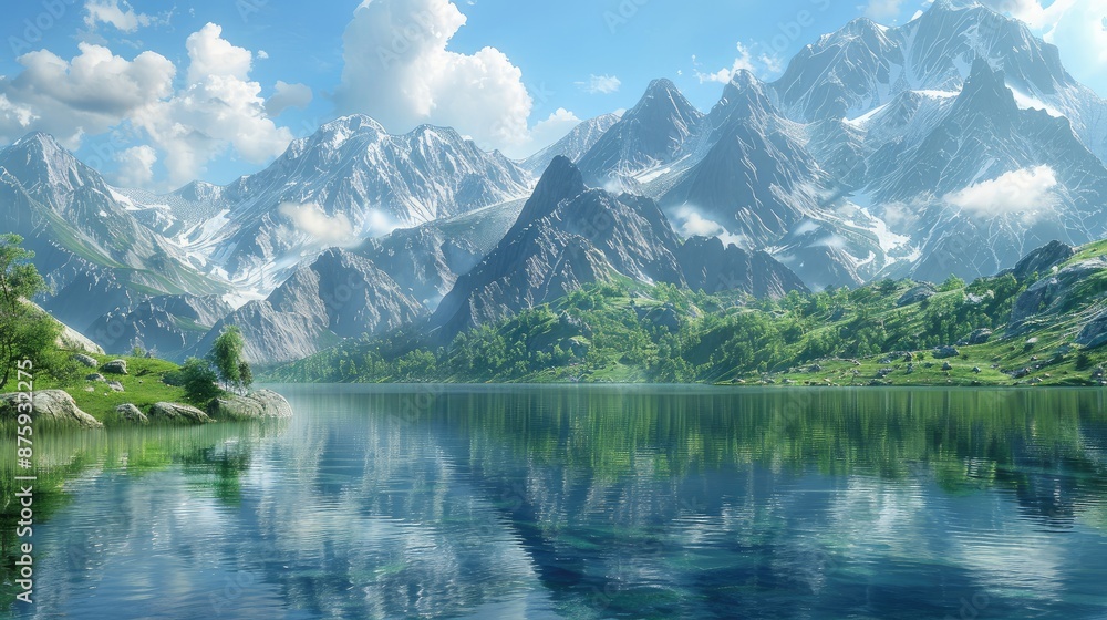 Tranquil lake reflecting towering mountains Tranquil lake reflecting towering mountains