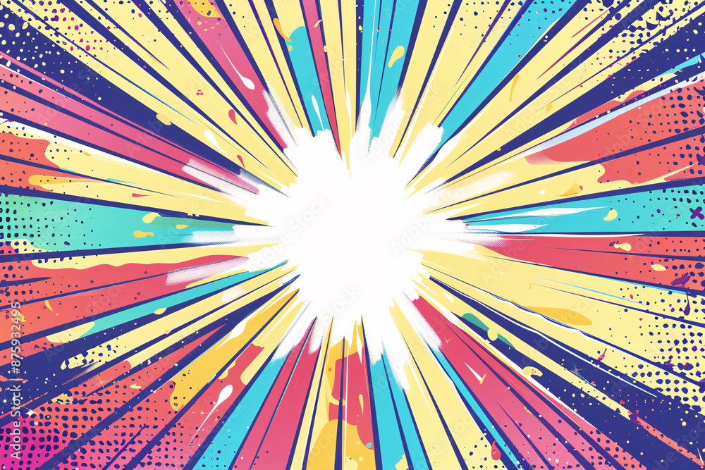 Vivid radial burst of colors emanating from a white center with comic-style dots and halftone effects Vivid radial burst of colors emanating from a white center with comic-style dots and halftone effects