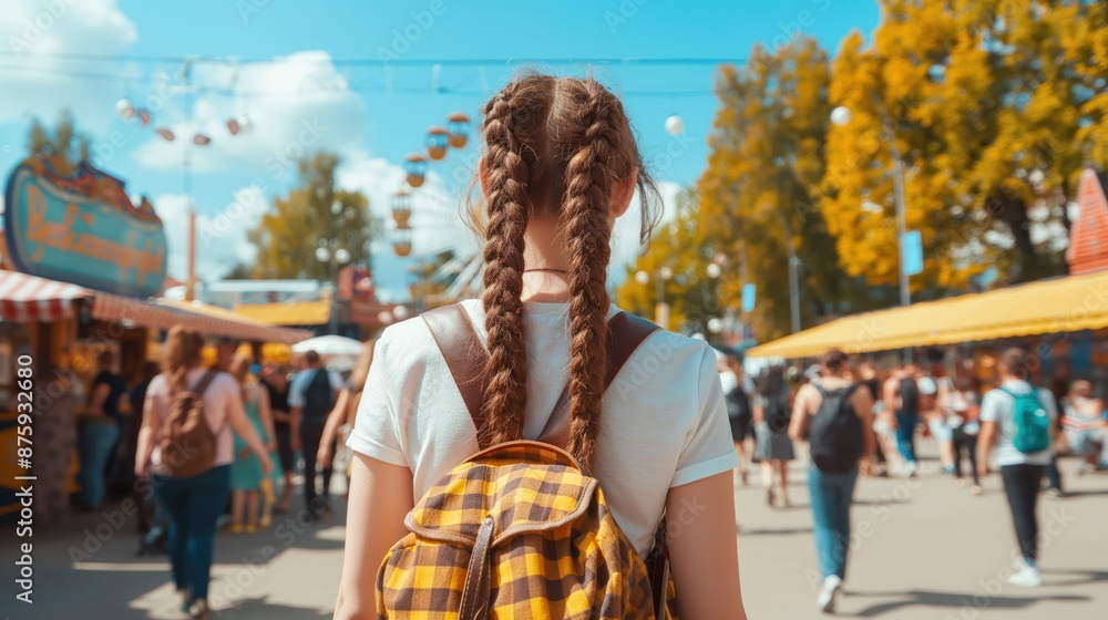 Fototapeta premium Woman with braids weaves through bustling Oktoberfest fair