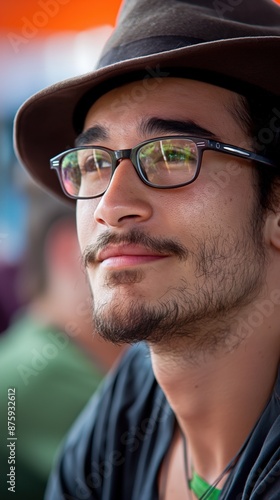 A man with a beard smiles while wearing glasses and a hat