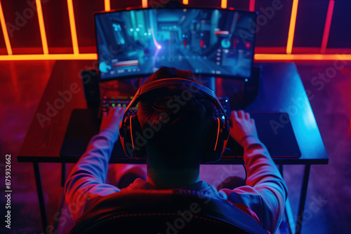 A rear view of gamer with headphones is deeply focused on playing a game in his gaming studio illuminated by vibrant neon lights. Esports © Arsenii
