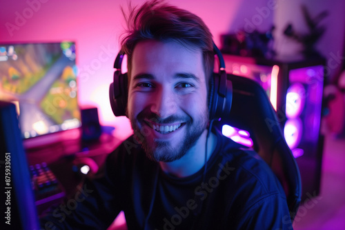 Web camera view portrait of bearded gamer smiling while streaming from a colorful neon lit gaming setup with headphones and high-end PC. Cybersport, esport streamer