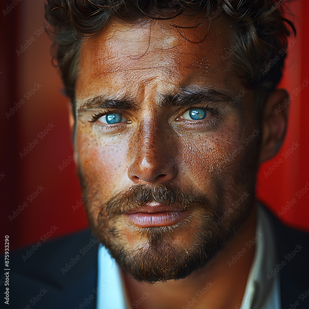 Dramatic Actor Portrait - Intense Blue Eyes, Red Background Dramatic Actor Portrait - Intense Blue Eyes, Red Background